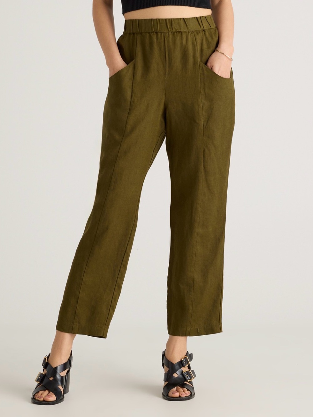 Quince 100% European Linen Tapered Ankle Pants in Martini Olive Color